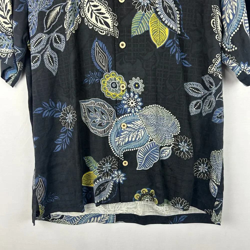 Tommy Bahama Floral 100% Silk Button Down Shirt Blue Beach Tropical Men's Size M